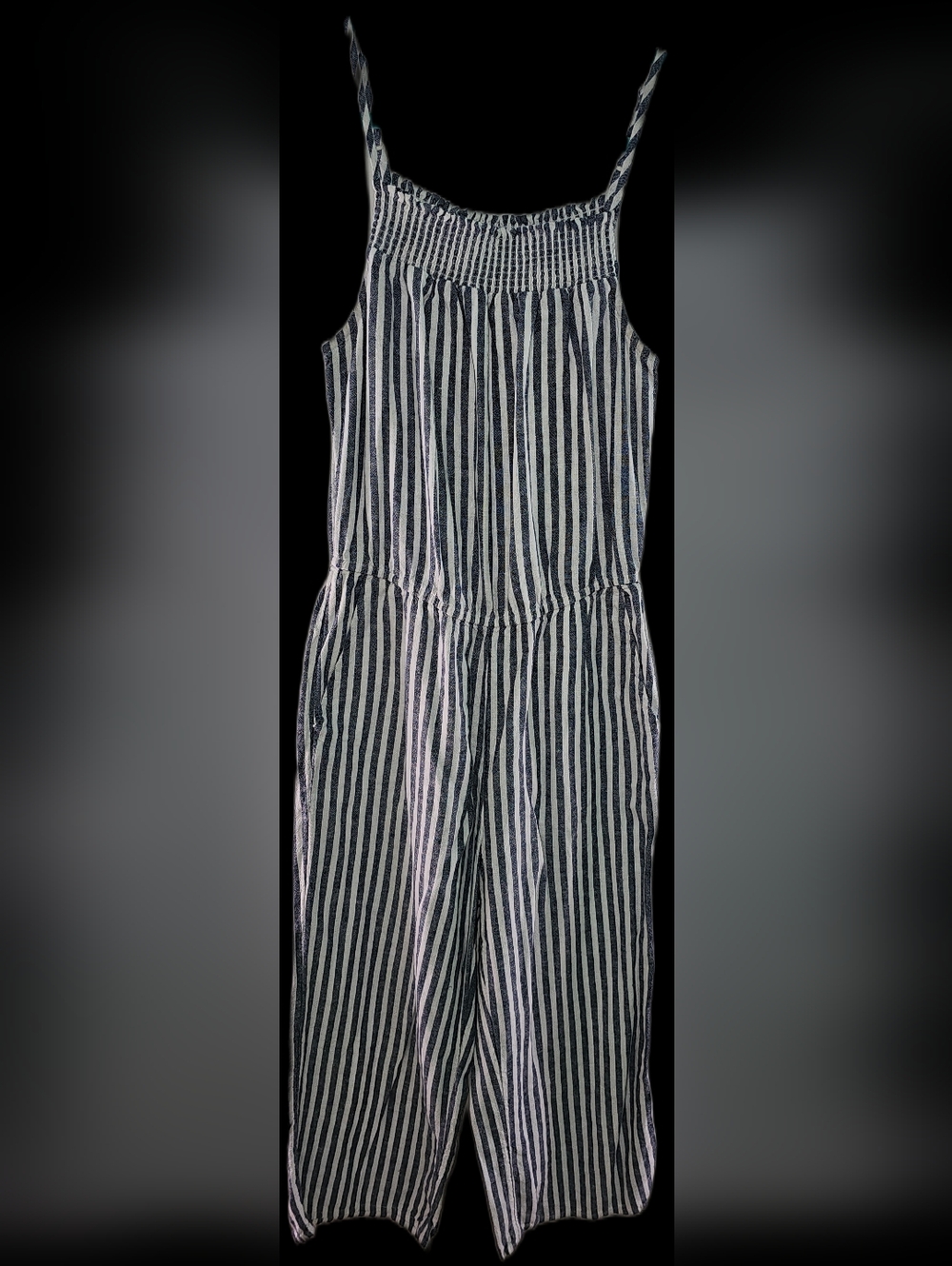 Blue And White Stripe Spagetti Strap Romper 1 Piece Sz S Wide Leg Pockets